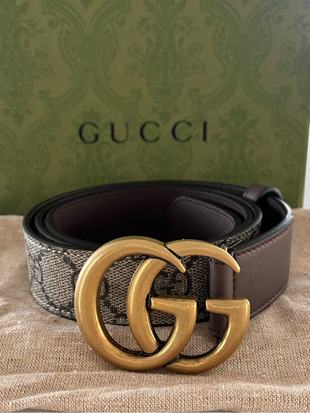 Gucci Reversible GG Supreme Canvas & Brown Leather Marmont Belt 90/36 NWOT